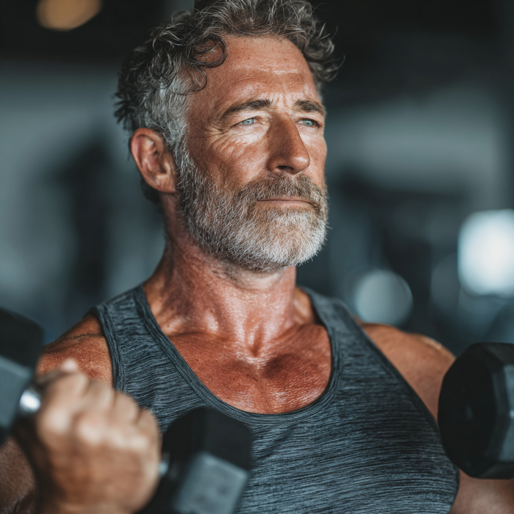 mature adult doing strength training in modern gym