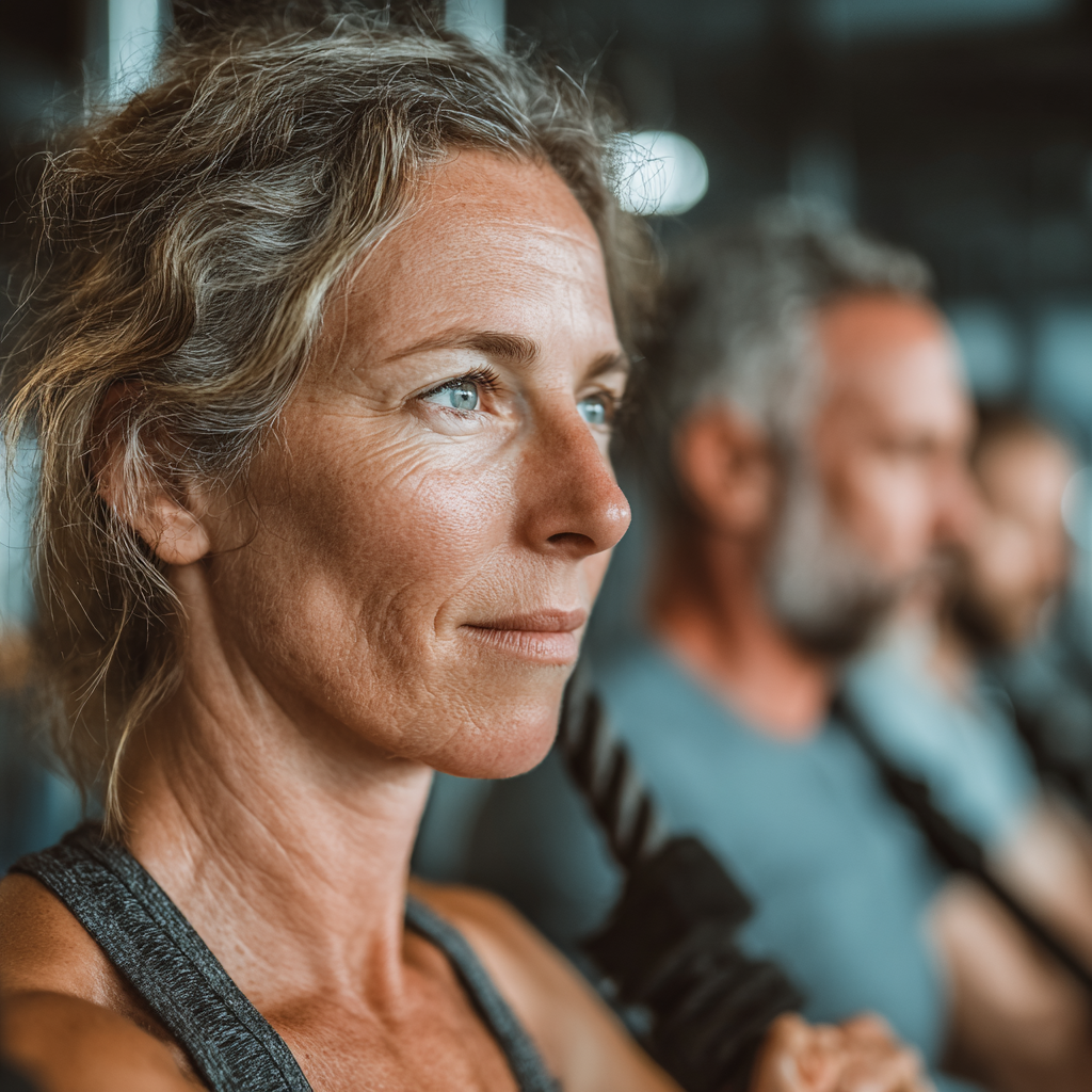 middle-aged adults doing functional fitness exercises in bright gym